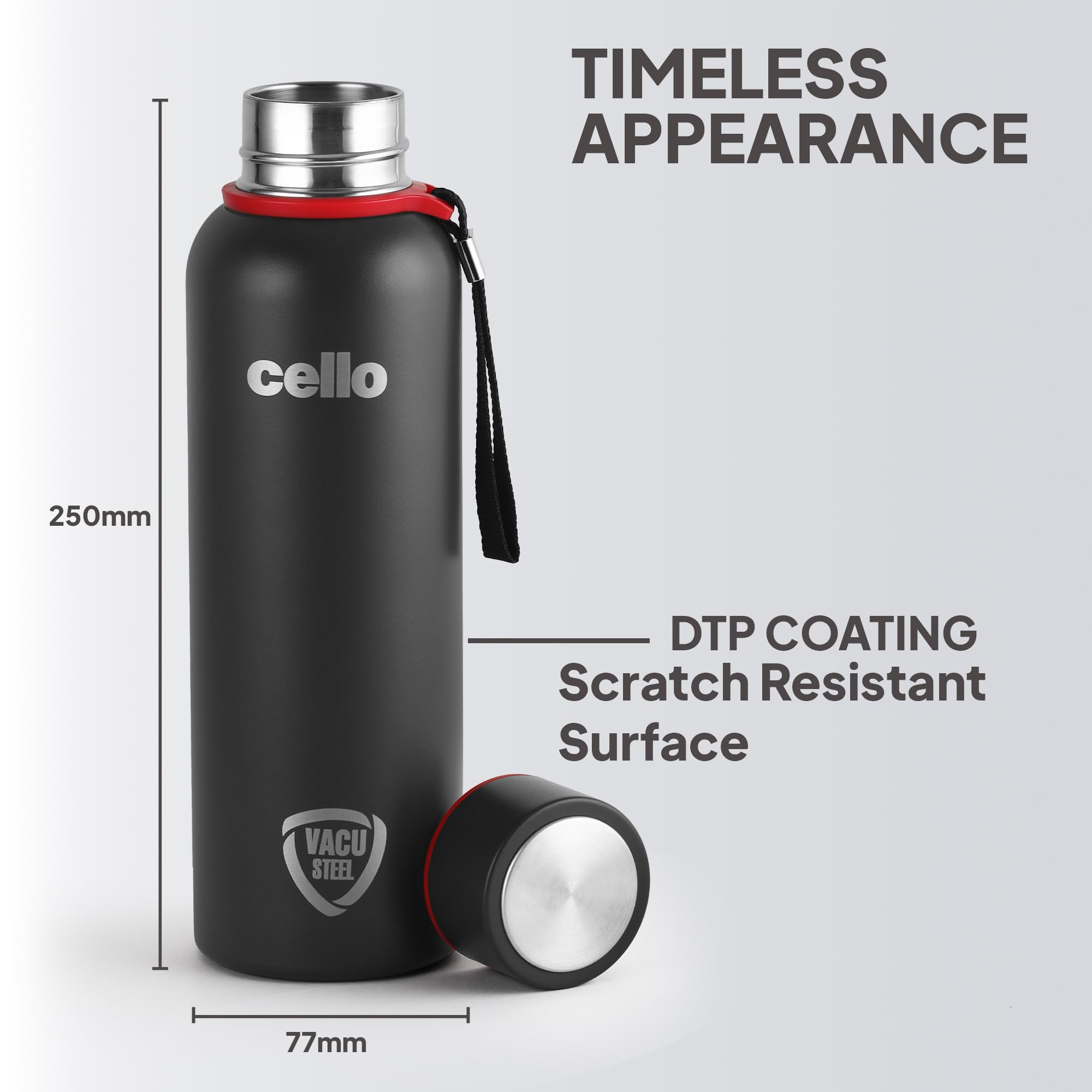 Cello Duro Kent Thermosteel Flask with DTP Coating, 750ml, Black | 24 Hours Hot and Cold Stainless Steel Bottle | Flask for Tea